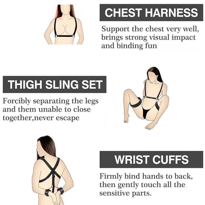 Sexual Bondage Restraint Kit BDSM Leather Thigh Sling Breast Belt Rear Handcuffs Spread Legs Slave Fetish Anal Hooks Fetish