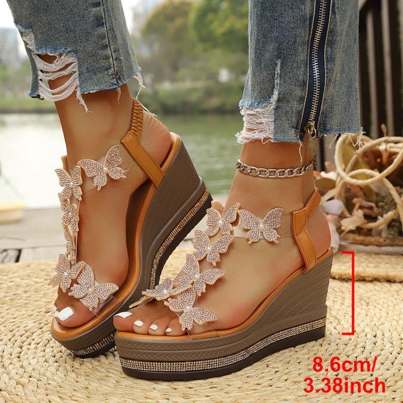 Women's Plus Size Platform Wedge Sandals, Floral Rhinestone Design for Beach Casual Wear