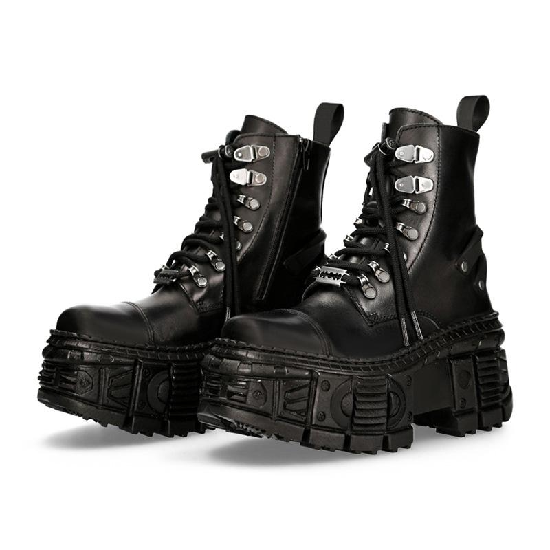 Fashion New Gothic Punk Men's Leather  Motorcycle Platform Rubber Boots Black  Mid-Calf Tactical Combat Boots Fashion 45