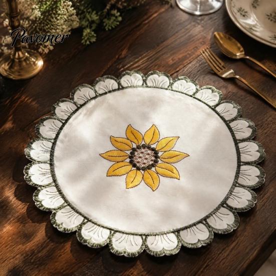 Retro Sunflower Lace Coasters Flower Shaped Placemat with Embroidered Pattern, Pastoral Style for Dining Table, Exquisite Table Covers Heat Resistant
