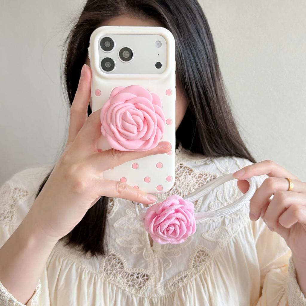 Fashion Rose Flower Folding Bracket Kickstand Polka Dots Silicone Wrist Strap Case for iPhone 17 16 15 14 13 Pro Max