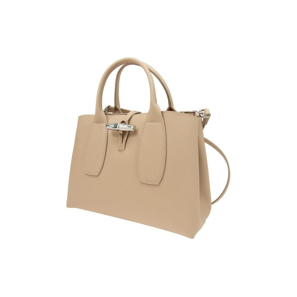 Longchamp Le Roseau 30 Solid Color Bamboo Buckle Closure Leather Big Bag Crossbody Handbag Medium Women Handbags Sand-Gray 10058HPN414