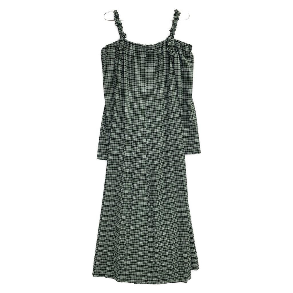 GANNI Green x Black Nylon Blend Seersucker Check Off-Shoulder One-Piece dress 32 Green x blackUsed