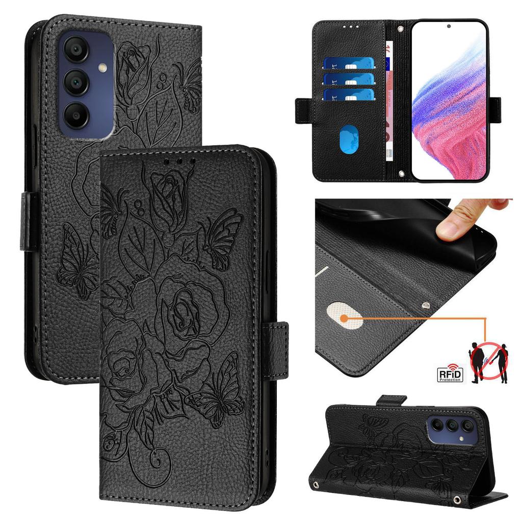 For Samsung Galaxy A16 5G/A16 4G Case Rose Imprinted RFID Blocking Leather Phone Cover with Strap