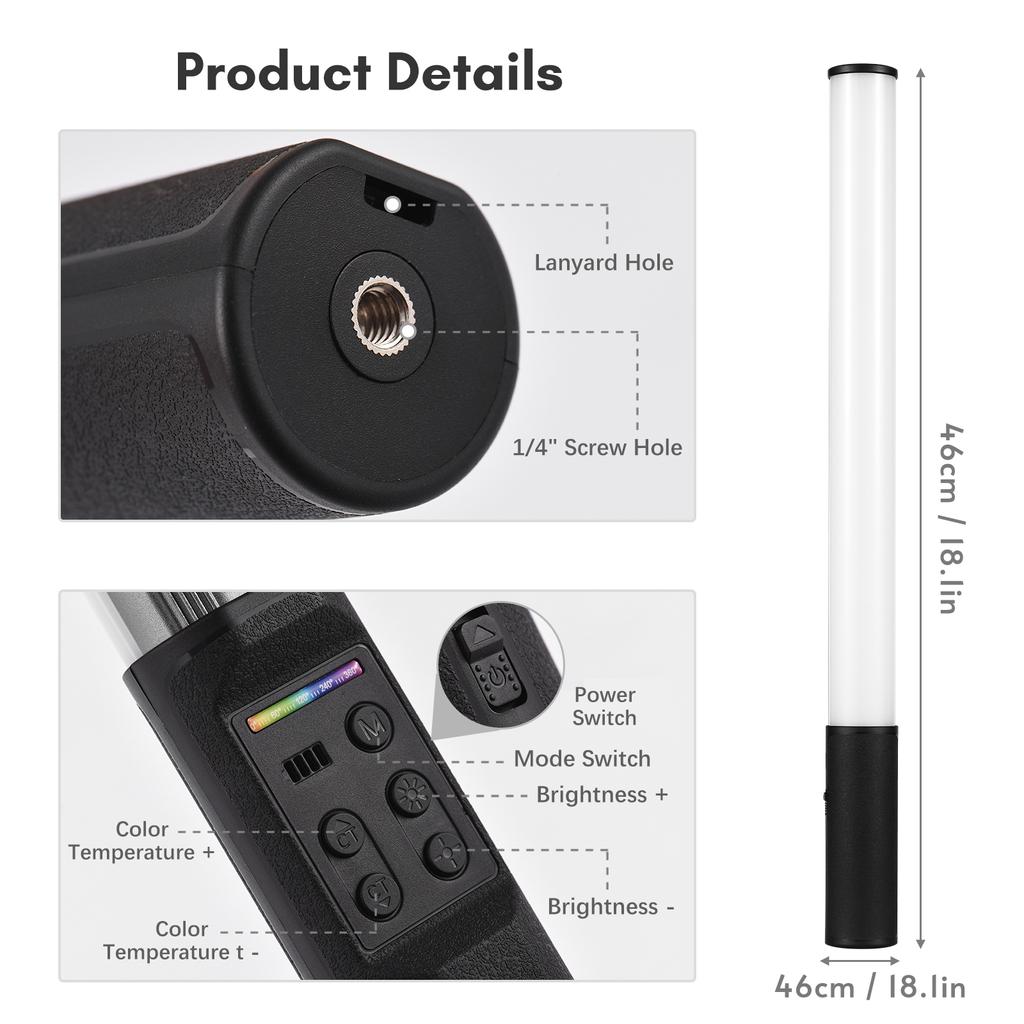 Andoer W150RGB Hand-RGB-Lichtröhre, LED-Videolichtstab, 2500 K-9000 K, dimmbar, 20 Beleuchtungsszenen