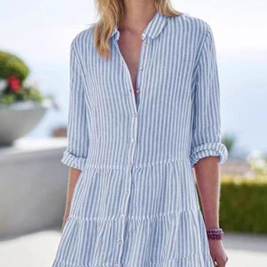 Damen Gestreiftes Button-Down-Hemdkleid Lässig Locker Langarm Mehrlagig Schwingend Tunika Kleid Sommer Strand Sonnenkleid