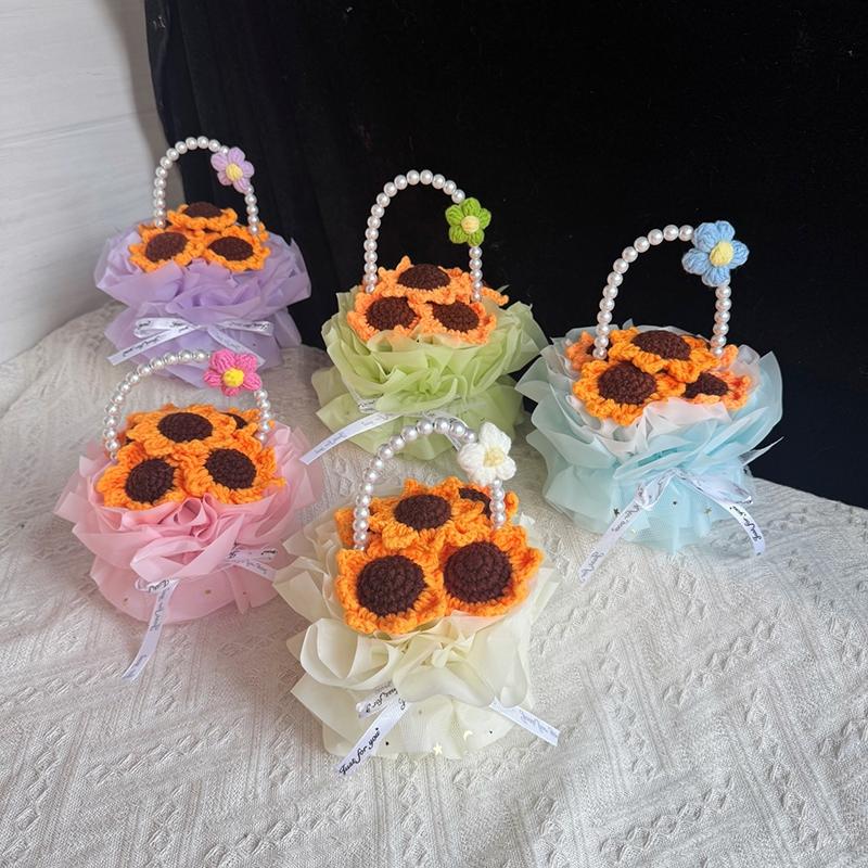 Crochet Rose Bouquet Handmade Knitted Sunflower Basketed For Graduation Mothers Day Birthday Wedding Gift Home Office Desk Decor