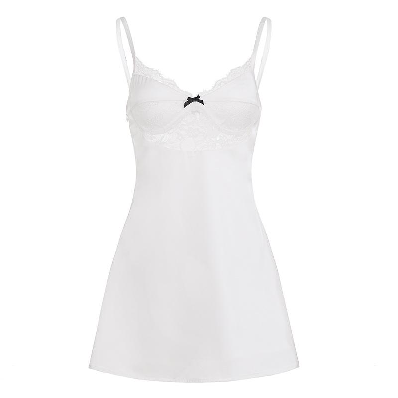 

Women s Lace Patchwork Satin Camisole Dress - Sexy, Low-Cut, Short Medium білий