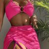 3Pcs/Set Women Bikini Set Solid Color Halter Metal Ring Backless Padded Wire Free Bathing Suit Water Activities Garment