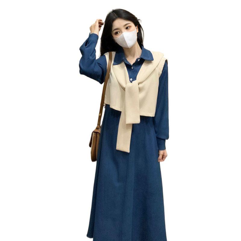 Elegant Denim Blue Dress for Women - New Autumn Slimming Preppy Style Two-Piece Vest and Skirt Set