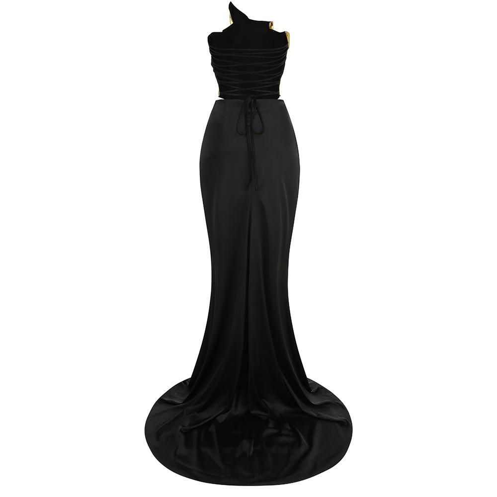 European-American One-Shoulder Black Leather Two-Piece Dress with Slit - Sexy Lace-Up Backless Evening Gown
