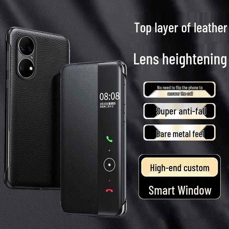 EDDGA Top Grain Leather Smart View Flip Phone Case for Huawei