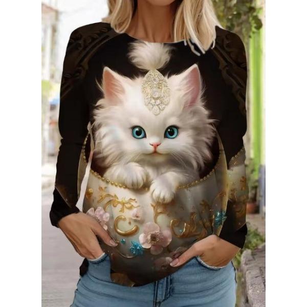 Camisetas de Mujer de Manga Larga Casuales de Moda con Cuello Redondo y Estampado de Gato Lindo con Impresión 3D para Primavera y Otoño