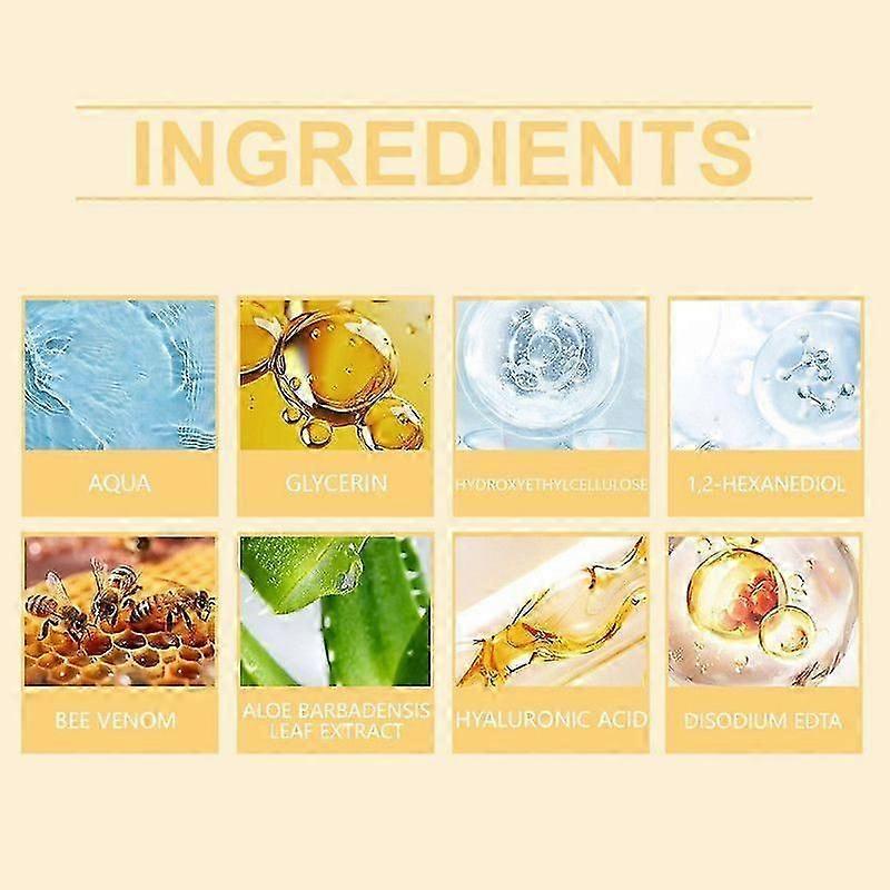 Ważne! Ten produkt zawiera jad pszczeli.
Esencja w kulce przeciwstarzeniowa z jadem pszczelim, Koncentrowane serum przeciwstarzeniowe z ujędrniającym jadem pszczelim, kwasem hialuronowym i aloesem, Redukcja zmarszczek