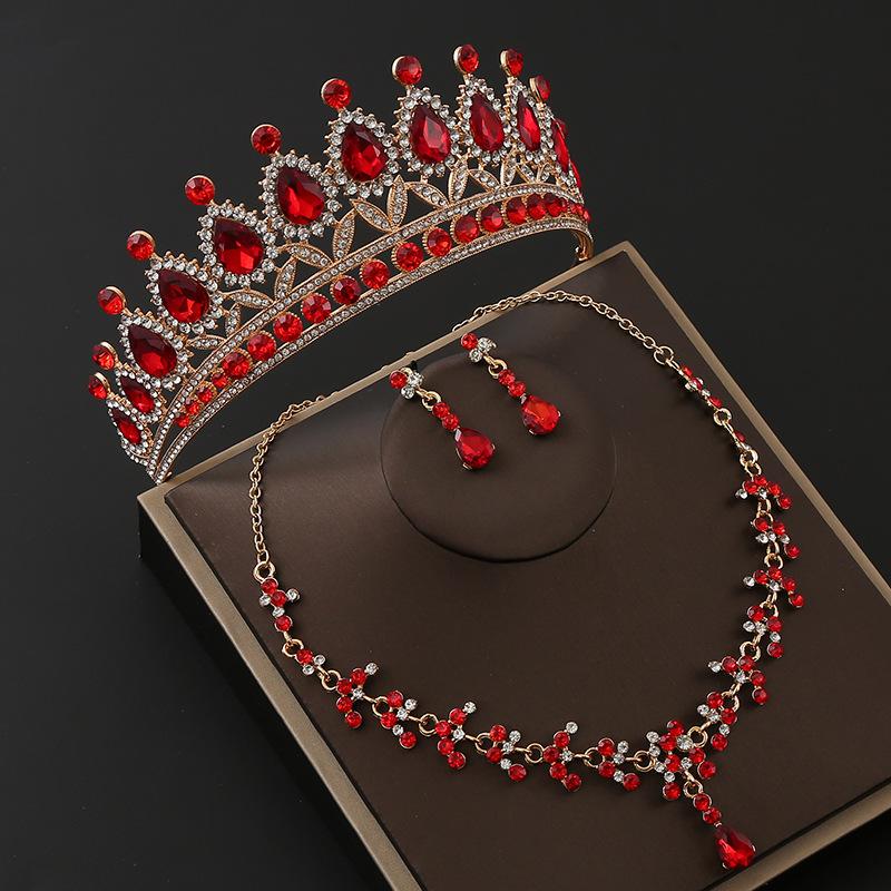 

Bridal Crown Three-piece Set Metal Rhinestone Necklace Earrings Winter Wedding Red Tiara High Quality Korean