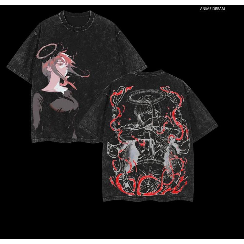 Anime Chainsaw Man Makima T-shirt For Men Women Clothing Vintage Washed Oversized T Shirt Pure Cotton