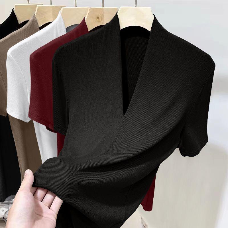 Threaded New Short Sleeved Top for Women Summer Fashion Versatile Base Shirt Plus Size Slim Fit V-neck T-shirt Casual and Sexy M чёрный