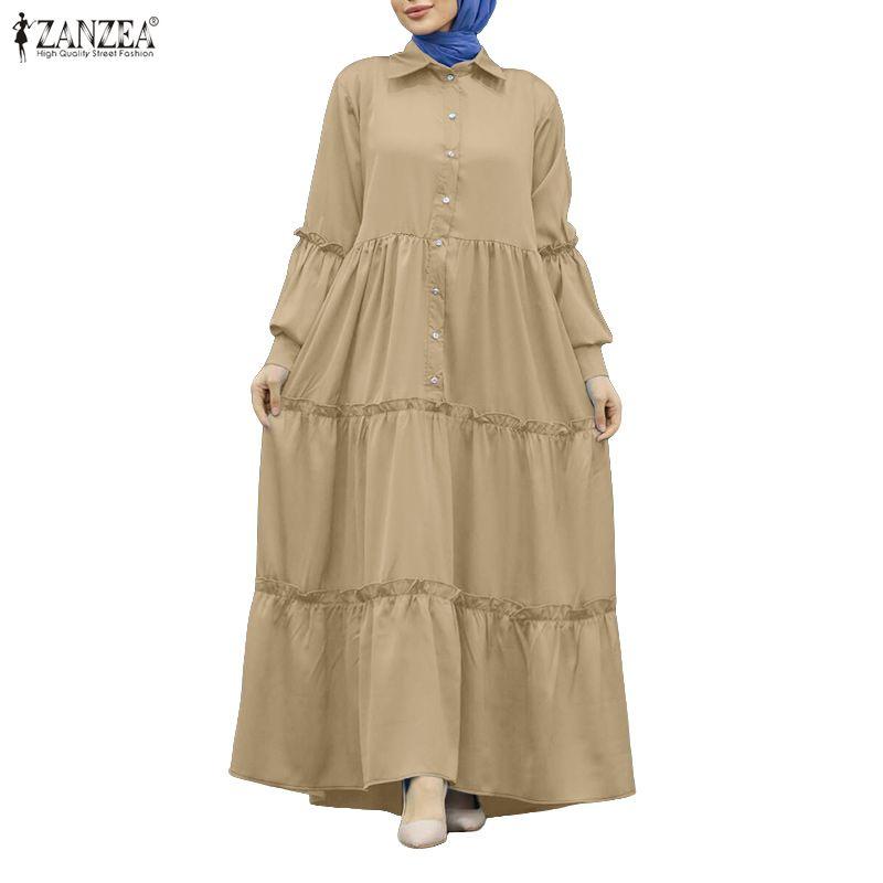 ZANZEA Women Casual Turn Down Collar Loose Long Sleeve Muslim Dress