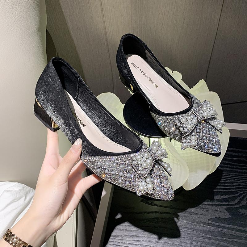 Fashion Women's Fashion Chunky Single Shoes Fall New Pointy Head Shallow Mouth Rhinrhino Butterfly Knot Low Top Shoes