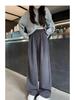 Dark Grey Heart Pattern Wide Leg High Waist Petite Women's Trousers - Spring/Summer Casual Straight Leg Floor Length Pants