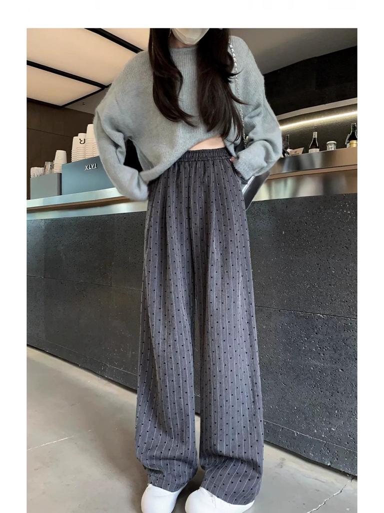 Dark Grey Heart Pattern Wide Leg High Waist Petite Women's Trousers - Spring/Summer Casual Straight Leg Floor Length Pants