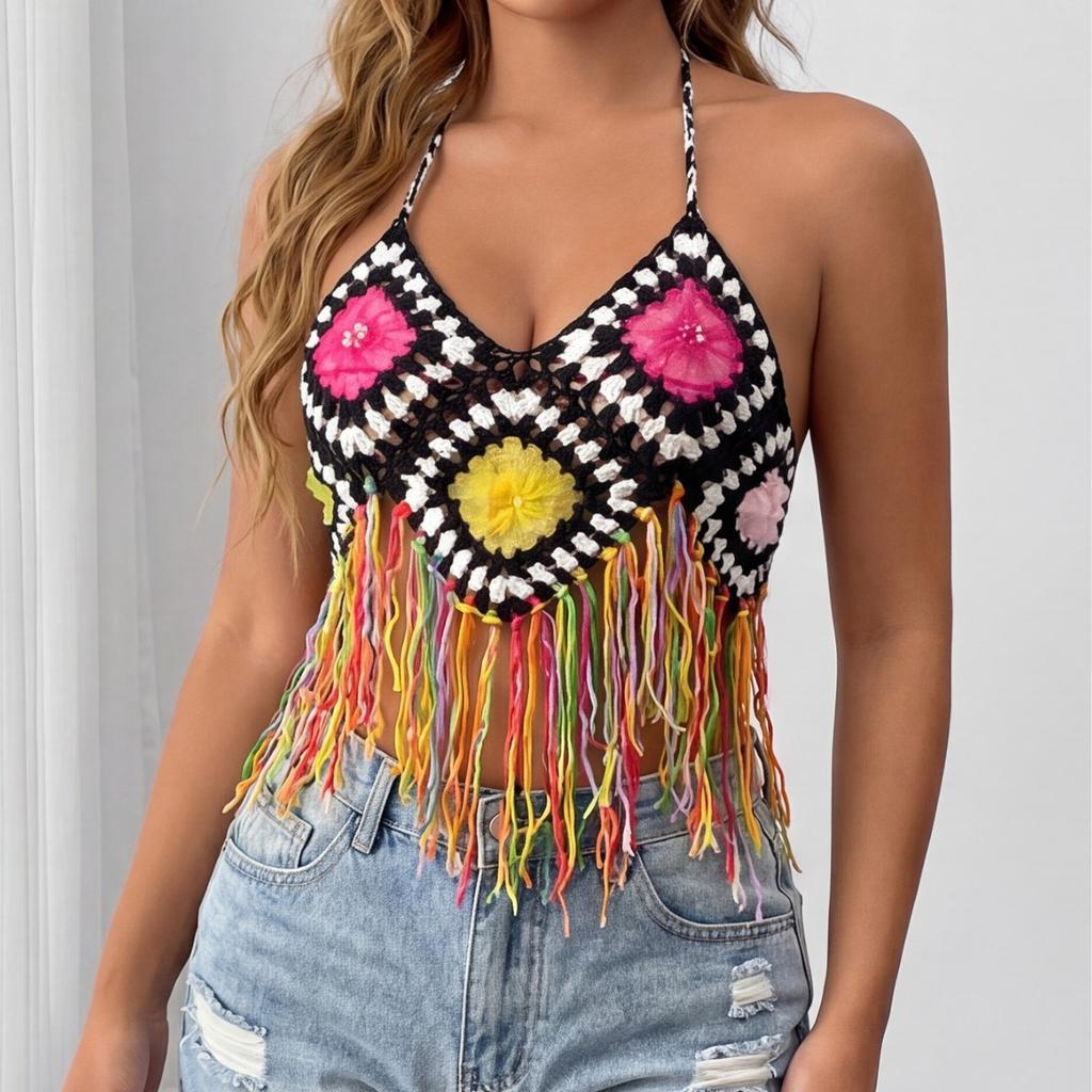 Nuovo Vestito da Donna con Frange Patchwork e Spalline Lavorate a Maglia a Mano - Un Top Bikini Stile Spiaggia