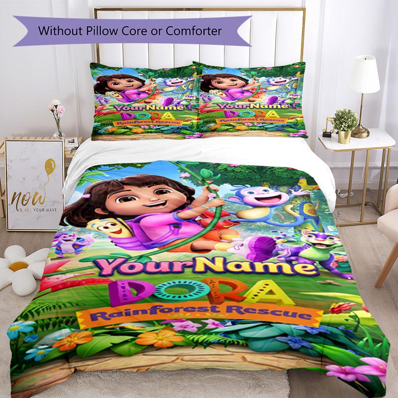 Dora Explorer Customize Your Name Bedding Set Breathable Duvet Cover with Pillowcases Home Decoration Birthday Gift