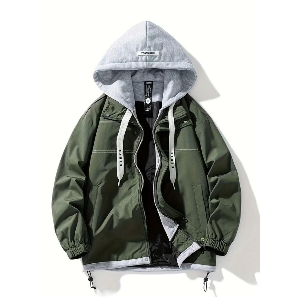 Mens Fake Two Pieces Windbreaker Spring And Fall Color Block Coat Lightweight Jacket With Hood