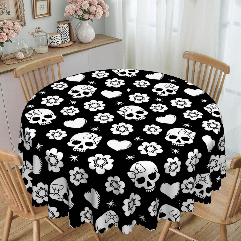 1 White Skull And Flower Heart Black Tablecloth, 60X60 Round/Rectangular, Suitable For Dining Tables