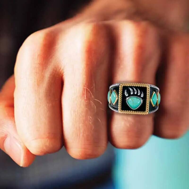 WOSIKATE Vintage Turquoise Bear Claw Drip Onyx Ring For Men Fashion Jewelry Men's Finger Ring Accessories