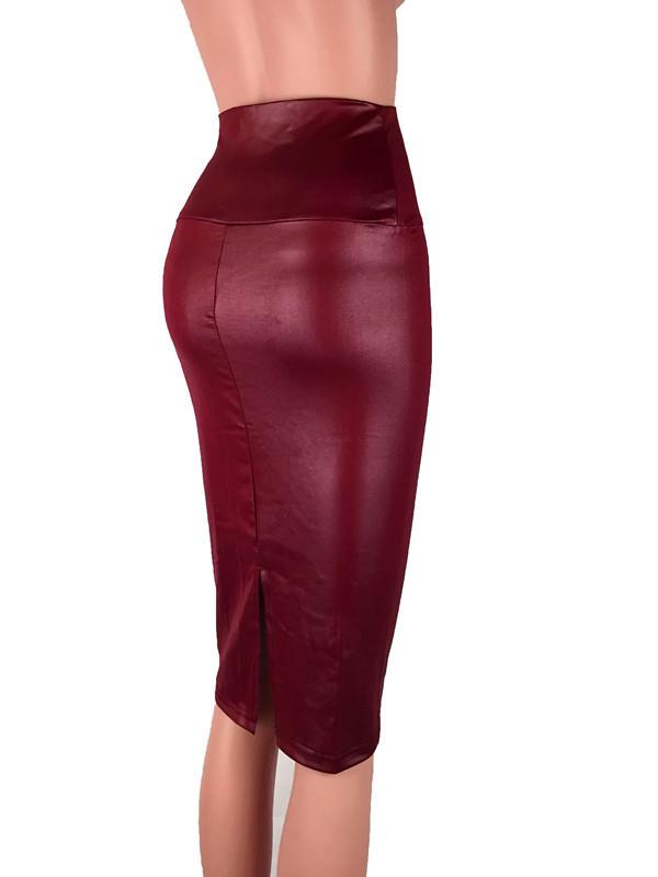 European & American Matte Faux Leather High Waist Knee-Length Bodycon Skirt for Women