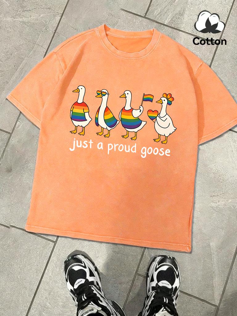 Just A Proud Goose Printing Snow Wash TShirt Mens Summer Breathable Retro Short Sleeve Unisex Cotton Tops Loose Sportwear