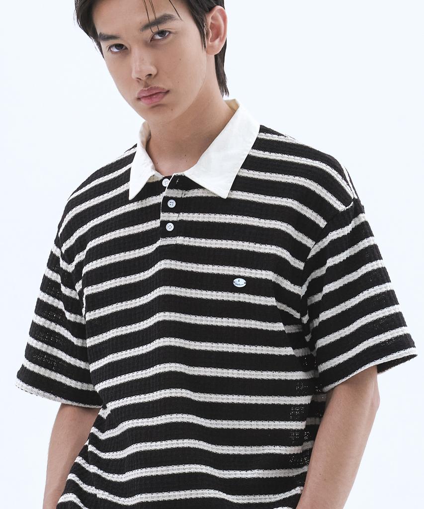 TRIP LE SENS Surfer Stripe Waffle Polo Shirt_Black