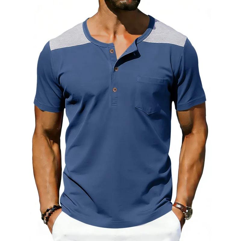 

Summer Men s Vintage Loose Breathable T-Shirts Fashion Splicing Henry Collar Short Sleeve Casual Tshirt 3XL джинсовий синього кольору