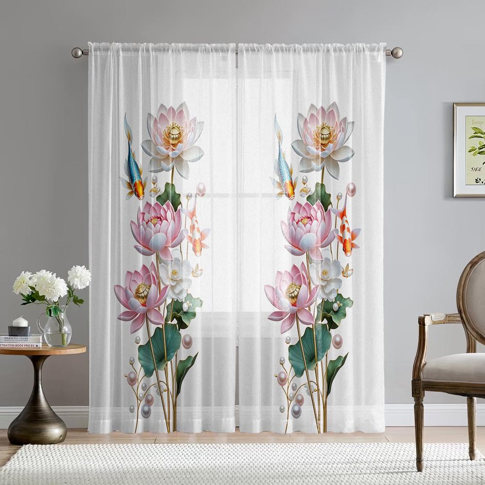 2 Pieces HD Digital Pink Carp Lotus Pond Printed Window Valance Home Decorating Style Decorative Living Room Bedroom Rodding Cur