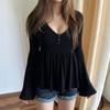 Top sexy Y2K con scollo a V profondo, maniche lunghe, patchwork di pizzo