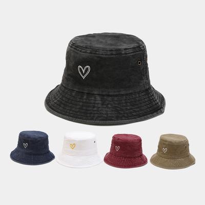 European and American New Washed Retro Bucket Hat Men and Women Tide Love Embroidery Foldable Basin Hat Outdoor Casual Couple Hat