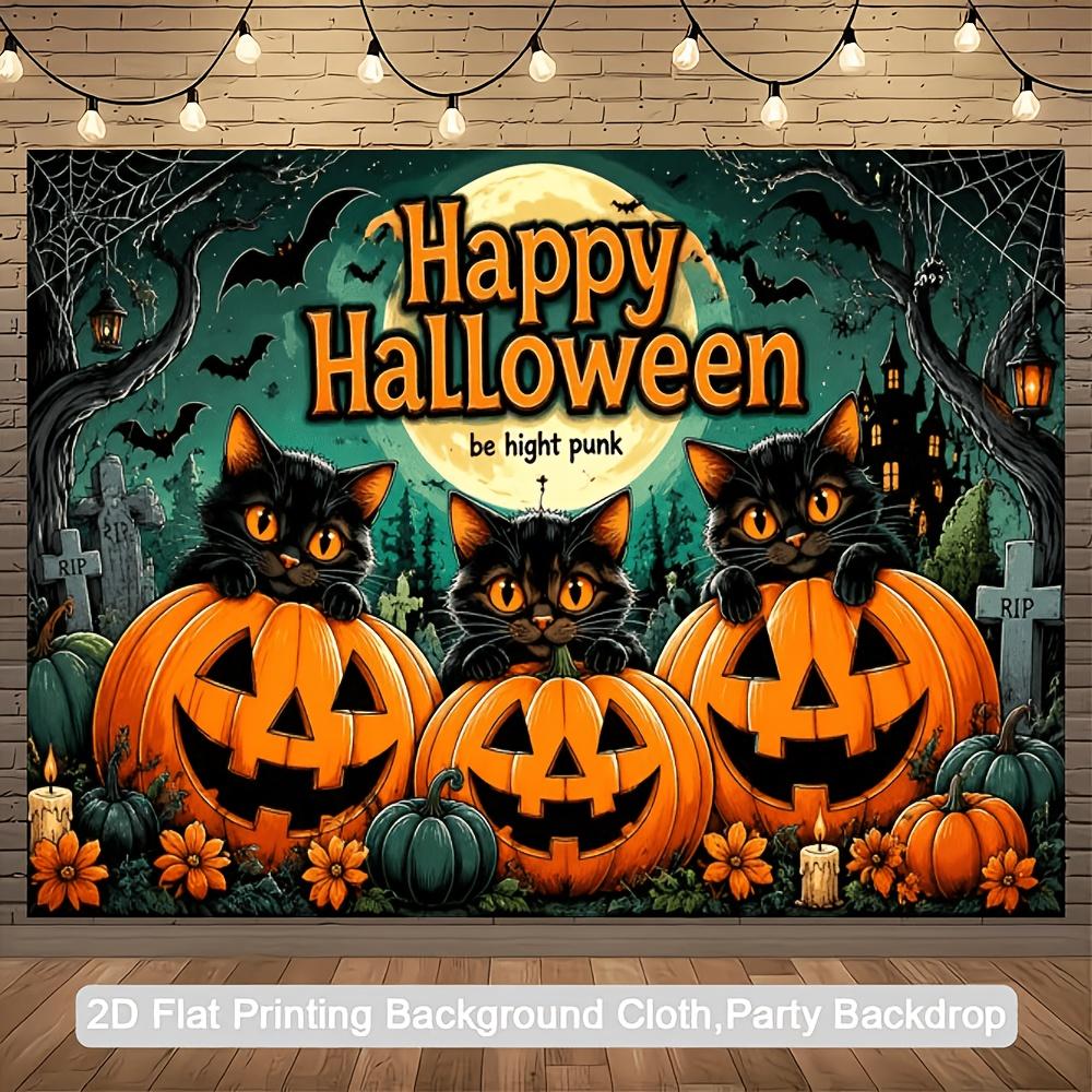 One 2D Halloween-themed banner background featuring a black cat and a pumpkin lantern.zyc