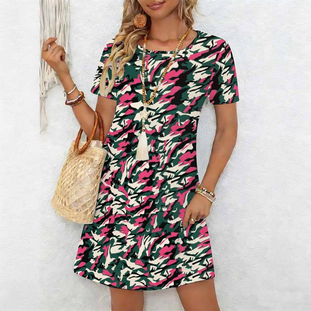 Ladies Crew Neck Plus Size Short Sleeve Dress Bright Wild Meadow Print For Outdoor Brunch