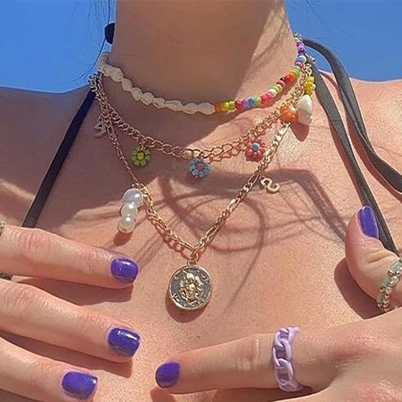 Аксессуары, Океанская Ракушка Цветок из Рисовых Бусин Ожерелье, Многослойное Металлическое Клеймо Портрет Жемчужное Ожерелье.