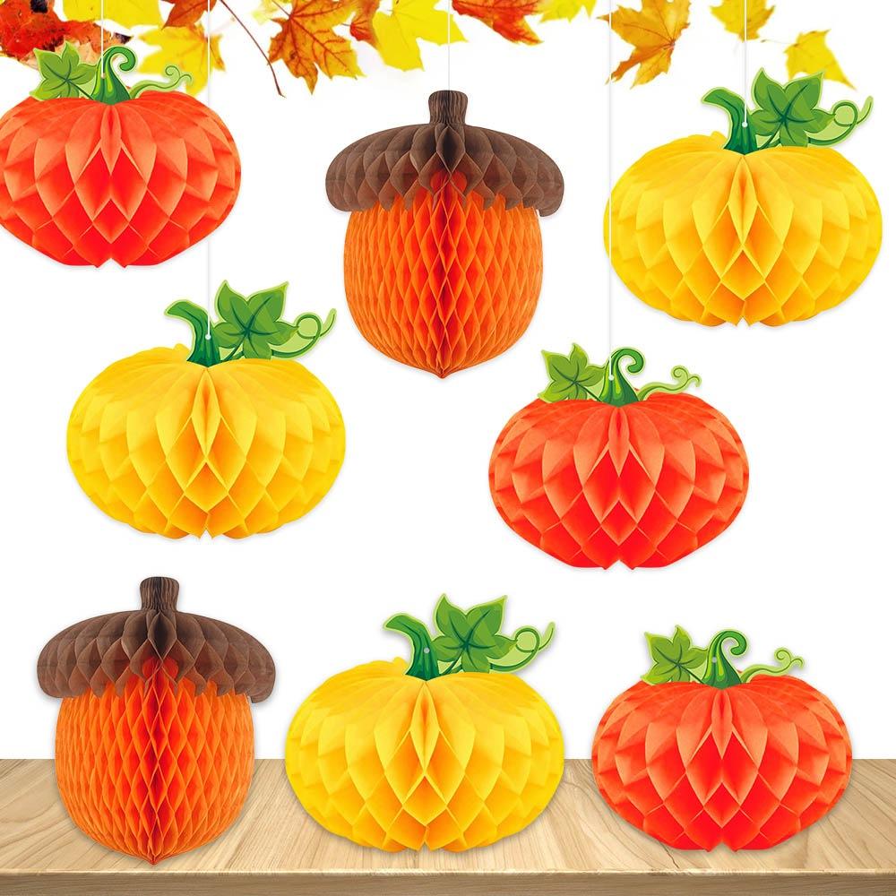 3Pcs/set Pumpkin Chestnut 3D Honeycomb Pendant Thanksgiving Halloween Party Decoration Honeycomb Pendant Autumn Harvest Festival