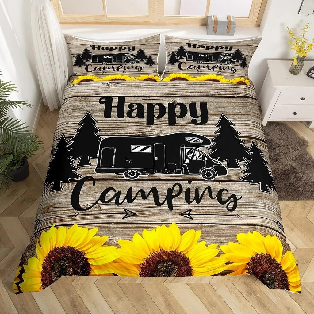 Hapy Camping Soft Duvet Cover Rustic Farmhouse Camper RV Beding Set King Stary Night Warm Comforter Cover Adventure Theme Comfortable Quilt Cover