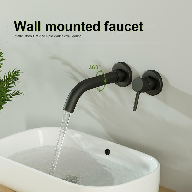 

Смеситель для раковины, настенный смеситель для раковины из латуни, матовый черный с одной ручкой, горячая и холодная вода, полированный хром