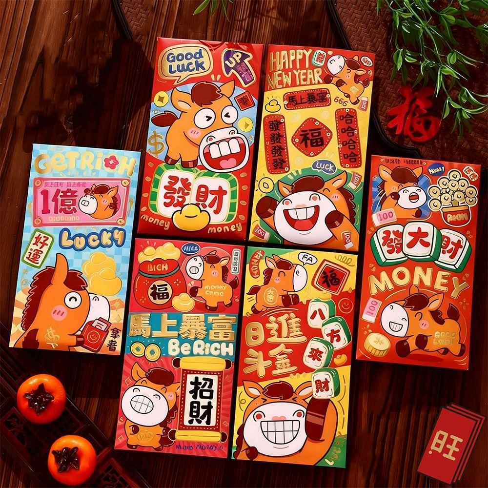 6pcs Chinese Lucky Money Envelopes Cartoon Money Bag New Year Red Envelope Birthday Celebration