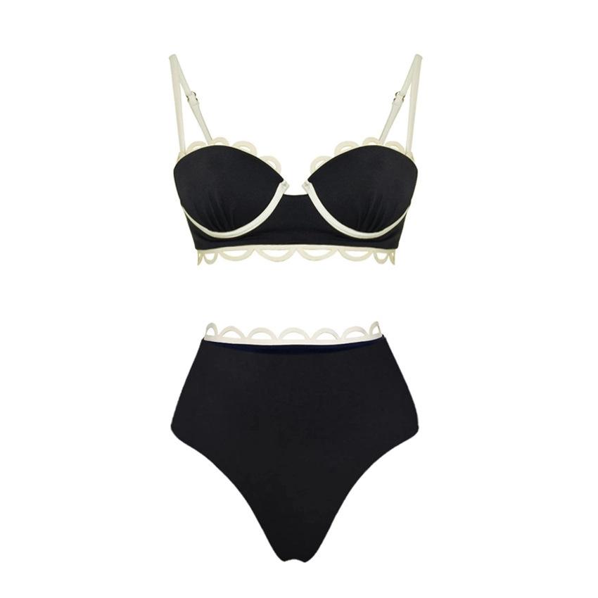 European and American bikini black niche high-end cutout beach shorts split swimsuit set S