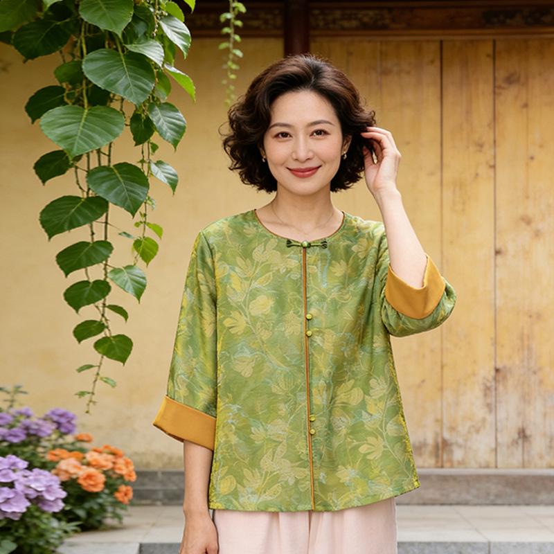 

2026 Spring/Summer Women s Jacquard Jacket: Mid-Sleeve Mother s Top for Middle-Aged & Elderly 3XL: 126-135 jin зелёный