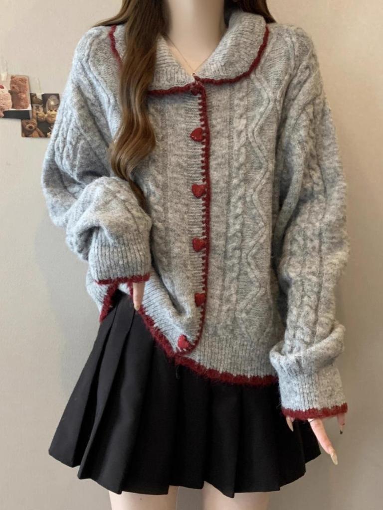 Koreanischer Stil Herzknopf Zopfstrick-Cardigan mit Puppenkragen für Damen, perfekt für Herbst und Winter