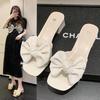 Fashion Square Heel Med Slippers Soft Summer Women's Shoes Luxury Slides Butterfly-Knot Block Comfort Designer Fashion Butterfly-knot