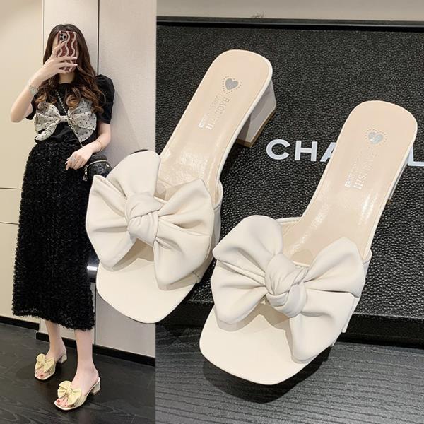 Fashion Square heel Med Slippers Soft Summer Women's Shoes Luxury Slides Butterfly-Knot Block Comfort Designer Fashion Butterfly-knot