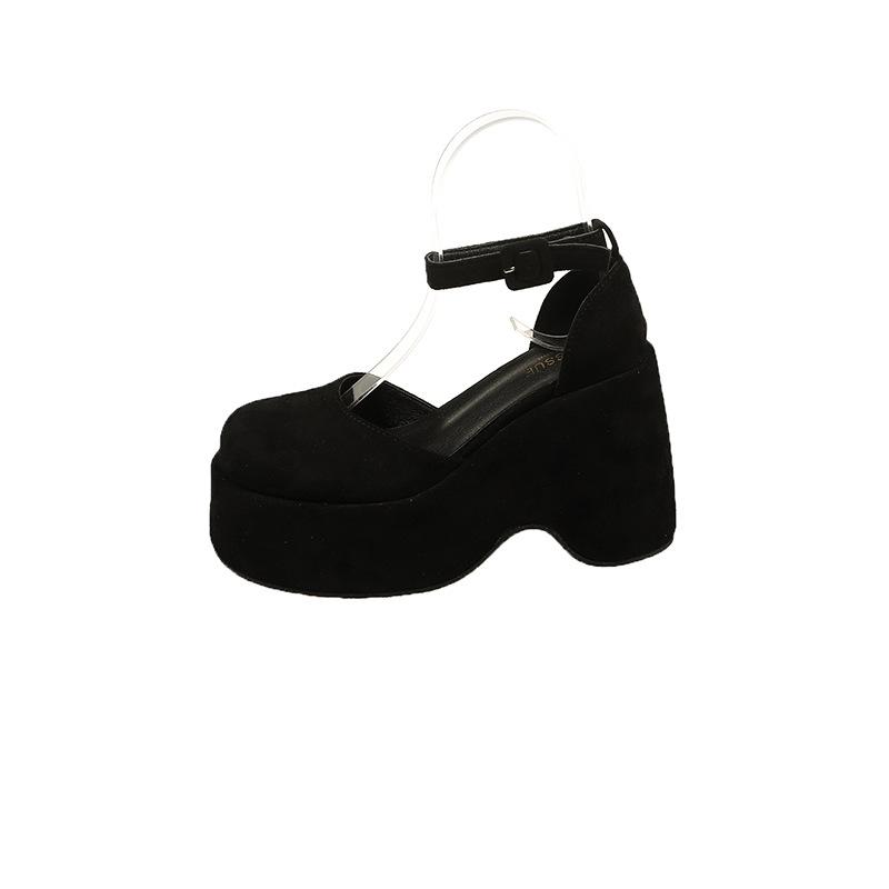 

Баотоу сандалии на толстой подошве с полым верхом женские кожаные 2025 новые весна и лето супер высокий каблук танкетка водонепроницаемая платформа одинарная обувь 39 чёрный